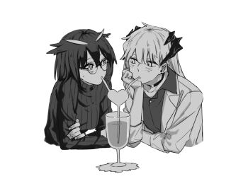 2girls arknights bad_id bad_pixiv_id black_choker brown_hair choker collared_shirt crazy_straw dragon_horns drinking_straw earrings eye_contact feather_hair greyscale heart_straw highres horns jewelry lab_coat light_blush long_hair looking_at_another monochrome multiple_girls saria_(arknights) shared_drink shared_straw shirt short_hair silence_(arknights) simple_background sleeves_rolled_up sweater white_background white_hair yuri zy_(zyyyyyyy9)