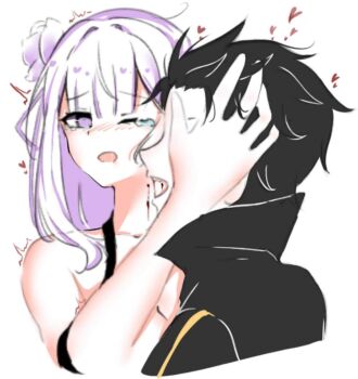 1boy 1girl alternate_universe bite_mark biting blood breasts cleavage drinking_blood emilia_(re:zero) hand_on_another&#039;s_head highres large_breasts natsuki_subaru open_mouth purple_eyes re:zero_kara_hajimeru_isekai_seikatsu saliva sexually_suggestive silver_hair tearing_up track_suit vampire