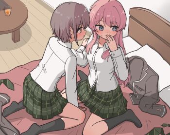 Rule 34 | 2girls, absurdres, bang dream!, bang dream! it's mygo!!!!!, black socks, blush, chihaya anon, closed mouth, collared shirt, commentary, green skirt, grey eyes, grey hair, grey jacket, hand on another's shoulder, haneoka school uniform, highres, indoors, jacket, jin (jinkwon1147), kneehighs, long hair, long sleeves, multiple girls, on bed, open mouth, pillow, pink hair, pleated skirt, saliva, saliva trail, school uniform, shirt, sitting, skirt, socks, sweatdrop, takamatsu tomori, unworn jacket, wariza, white shirt, yuri
