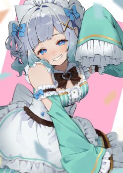 1girl blue_eyes breasts dress fang frilled_dress frilled_sleeves frills ghost_girl gradient_hair green_dress green_sleeves grin hair_ornament highres indie_virtual_youtuber long_sleeves looking_at_viewer maid_headdress medium_breasts mint_fantome mint_fantome_(minto_2.0) multicolored_hair nachoz_(nachozart) pointy_ears sleeves_past_fingers sleeves_past_wrists smile solo triangular_headpiece two_side_up virtual_youtuber white_hair white_headdress x_hair_ornament