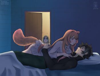 Rule 34 | 1boy, 2girls, ahoge, animal ears, arm shield, artist name, ass, black hair, black shirt, blanket, blonde hair, blue eyes, blush, breasts, closed mouth, collarbone, commentary request, couple, filo (tate no yuusha no nariagari), green eyes, green pants, grey nightgown, hand on another's back, hand on another's chest, head only, hetero, high collar, highres, indoors, iwatani naofumi, jealous, long hair, long sleeves, lying, lying on another, medium breasts, messy hair, multiple girls, night, nightgown, on back, on bed, on stomach, orange hair, pants, pillow, pink eyes, pixiv id, pout, raccoon ears, raccoon girl, raccoon tail, raphtalia, shirt, short hair, sitting, smile, tail, tate no yuusha no nariagari, tumblr username, vk username, yuria-chu