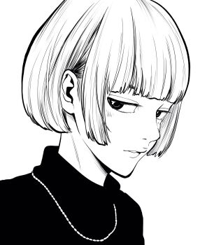 Rule 34 | 1girl, androgynous, blunt bangs, bob cut, commentary request, eyebrows hidden by hair, hair behind ear, highres, jewelry, lee (dragon garou), lips, monochrome, necklace, original, parted lips, portrait, profile, sideways glance, solo, turtleneck