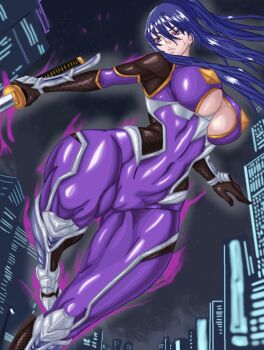 1girl action_taimanin akiyama_rinko armored_boots artist_request blue_hair bodysuit boots breasts brown_gloves cameltoe city cleavage closed_mouth clothing_cutout covered_erect_nipples covered_navel curvy floating_hair gloves hair_between_eyes high_ponytail highres holding holding_sword holding_weapon jumping katana large_breasts long_hair looking_ahead night night_sky outdoors ponytail purple_bodysuit purple_eyes shiny_skin skin_tight sky solo sweat sword taimanin_(series) taimanin_rpgx taimanin_suit taimanin_yukikaze thighs underboob underboob_cutout weapon wide_hips