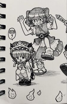 2girls breasts coin coin_on_string frilled_hat frills grin hair_bobbles hair_ornament hat highres leg_up multiple_girls obi obidome onozuka_komachi photo_(medium) puffy_short_sleeves puffy_sleeves rod_of_remorse sandals sash shiki_eiki shoes short_sleeves skirt smile socks speech_bubble squatting suteruko touhou traditional_media two_side_up vest