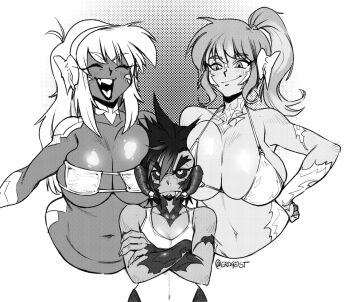 3girls angry au_ra bikini blush breast_envy breasts cleavage closed_mouth commentary cropped_torso crossed_arms dark-skinned_female dark_skin dragon_horns english_commentary erogeist eyepatch_bikini final_fantasy final_fantasy_xiv girl_sandwich horn_ornament horn_ring horns large_breasts laughing leotard long_hair medium_hair multiple_girls navel open_mouth sandwiched scales side_ponytail simple_background small_breasts smile smug stomach swimsuit teeth warrior_of_light_(ff14) white_background