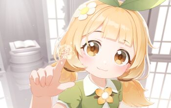 Rule 34 | > o, 1girl, :3, absurdres, adapted costume, against fourth wall, blonde hair, blue archive, blunt bangs, book, chibi, closed mouth, flower, green ribbon, green shirt, hair flower, hair ornament, hair ribbon, head tilt, highres, humano, index finger raised, indoors, long hair, looking at viewer, low twintails, one eye closed, open book, pedestal, puffy short sleeves, puffy sleeves, ribbon, shirt, short sleeves, smile, solo, trickcal, twintails, upper body, white flower, window, yellow eyes, yellow flower, youngchun (trickcal)