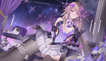 1girl absurdres adapted_costume black_gloves black_pantyhose black_thighhighs breasts brown_hair center_opening comet-c commentary_request gloves herta_(honkai:_star_rail) highres honkai:_star_rail honkai_(series) knee_up long_hair looking_at_viewer medium_breasts night night_sky pantyhose purple_eyes sitting skirt skull sky smile solo star_(sky) the_herta_(honkai:_star_rail) thighhighs white_skirt