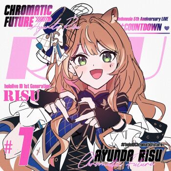 1girl animal_ears ayunda_risu blush breasts brown_hair commentary green_eyes hair_ornament hat hololive hololive_indonesia long_hair looking_at_viewer mini_hat open_mouth sakon04 smile solo squirrel_ears squirrel_girl symbol-only_commentary virtual_youtuber