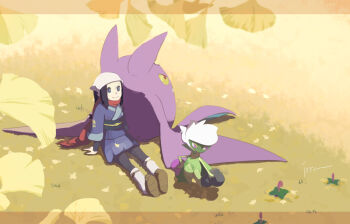 2girls akari_(pokemon) alpha_pokemon alternate_color bat_(animal) black_flower black_hair black_pantyhose black_rose black_sash blue_coat border capelet coat colored_sclera colored_skin commentary crobat flower full_body galaxy_expedition_team_survey_corps_uniform gen_2_pokemon gen_4_pokemon green_capelet green_skin grey_eyes headscarf isutai leg_warmers long_hair looking_at_viewer monster_girl multicolored_skin multiple_girls nintendo orange_border pantyhose plant_girl pokemon pokemon_(creature) pokemon_legends:_arceus ponytail purple_flower purple_rose red_eyes red_scarf rose roserade sandals sash scarf shiny_pokemon short_hair sidelocks simple_background sitting smile standing symbol-only_commentary two-tone_skin white_hair white_headscarf white_leg_warmers yellow_background yellow_sclera