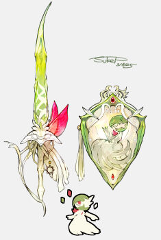 absurdres chibi chibi_inset commentary_request dated decorations gardevoir gem gen_3_pokemon glowing glowing_weapon green_trim highres mega_gardevoir mega_pokemon nintendo pokemon pokemon_(creature) red_gemstone red_trim shield signature spikes sukepmonster sword weapon weapon_focus white_background