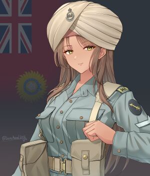 1girl absurdres ammunition_pouch artist_name belt brown_belt brown_hair commentary dark-skinned_female dark_skin flag_background green_shirt highres india indian_flag leochan1202 long_hair long_sleeves looking_at_viewer military military_rank_insignia military_uniform original pouch shirt sikh solo turban union_jack upper_body world_war_ii yellow_eyes