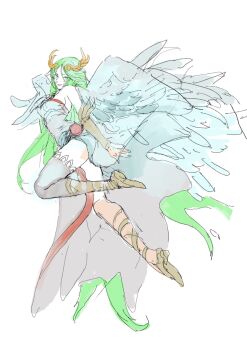 1girl breasts commentary_request feathered_wings full_body green_eyes green_hair highres kid_icarus kid_icarus_uprising long_hair looking_at_viewer mono_(monomono1998) nintendo palutena sideboob simple_background single_thighhigh sketch solo thighhighs very_long_hair white_background wings