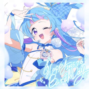 1girl aokaze_nana bare_shoulders blue_bow blue_bowtie blue_dress blue_hair blue_nails blue_sleeves blue_theme blue_wrist_cuffs blunt_bangs border bow bowtie bubble collar cowboy_shot cure_wink dated detached_collar detached_sleeves dot_nose dress earrings english_text eyelashes hair_bobbles hair_bow hair_bun hair_ornament hairband hand_on_own_head happy happy_birthday headset heart heart_earrings highres jewelry kimi_to_idol_precure layered_dress light_blush long_hair looking_at_viewer magical_girl multicolored_hair multiple_earrings nail_polish one_eye_closed one_side_up open_mouth plaid_bow plaid_clothes plaid_dress plaid_sleeves precure purple_eyes purple_hair serizawa_serizane short_sleeves signature single_side_bun smile solo sparkle sphere_earrings standing strapless strapless_dress streaked_hair tareme too_many_watermarks twitter_username two-tone_hair very_long_hair watermark watermark_grid white_background white_collar white_dress white_hairband wrist_cuffs