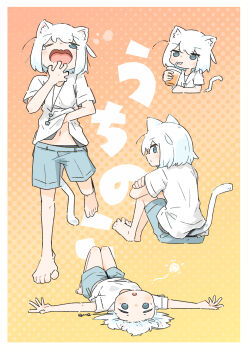 1girl absurdres animal_ears barefoot blue_eyes blue_shorts border cat_ears cat_girl cat_tail cup disposable_cup drinking drinking_straw gradient_background halftone halftone_background hand_to_own_mouth highres karameru lying navel on_back one_eye_closed open_mouth orange_background original outstretched_arms panties panty_peek scratching shirt short_sleeves shorts solo spread_arms squeans tail tearing_up underwear walking white_border white_hair white_shirt yawning yellow_background