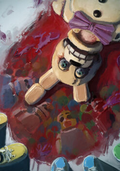 Rule 34 | 1girl, 4boys, absurdres, animal costume, animal ears, animal nose, animatronic, blood, blue shoes, bonnie (fnaf), bow, bowtie, chica, commentary request, death, different reflection, five nights at freddy's, five nights at freddy's (2023 movie), foxy (fnaf), freddy fazbear, green eyes, highres, looking at viewer, lying, mechanical ears, multiple boys, on back, on floor, pool of blood, purple bow, purple bowtie, rabbit costume, rabbit ears, reflection, reflective liquid, shoes, spoilers, spring bonnie (fnaf), teeth, william afton, yellow shoes, zyght