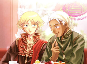 Rule 34 | 2boys, blonde hair, brown coat, brown eyes, cafe, cake, cake slice, closed mouth, coat, commentary request, cross, cross necklace, dark-skinned male, dark skin, dated commentary, eating, food, fork, gold trim, green eyes, green shirt, holding, holding fork, indoors, jewelry, knight (ragnarok online), looking at another, looking to the side, lowres, male focus, multicolored coat, multiple boys, necklace, oomojiya, priest (ragnarok online), ragnarok online, red coat, shirt, short hair, two-tone coat, upper body, white hair