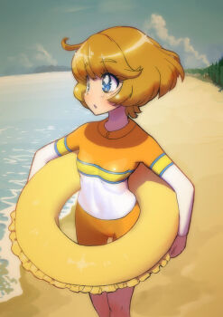 Rule 34 | 1girl, :o, beach, blue eyes, blue sky, blush, brown hair, buoy, cloud, ei (eikun), ichinose minori, long sleeves, looking to the side, ocean, open mouth, precure, short hair, skin tight, sky, solo, thick eyebrows, tropical-rouge! precure, very short hair