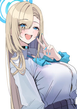 1girl absurdres asuna_(blue_archive) asuna_(school_uniform)_(blue_archive) blue_archive blue_bow blue_bowtie blue_eyes blue_halo blush bow bowtie breasts choker colored_eyelashes commentary hair_over_one_eye halo highres large_breasts long_hair looking_at_viewer nakano_kura open_mouth scrunchie shirt smile solo v very_long_hair white_background white_shirt wrist_scrunchie