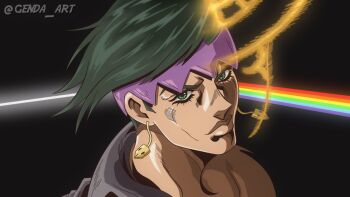 1boy dark_side_of_the_moon diamond_wa_kudakenai earrings genda_art green_eyes green_hair headband heaven&#039;s_door highres jewelry jojo_no_kimyou_na_bouken kishibe_rohan kishibe_rohan_wa_ugokanai male_focus pink_floyd rainbow short_hair solo stand_(jojo) stone_ocean undercut