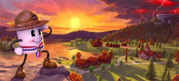 1other boots brown_boots brown_hat cloud fallout fallout_76 food gloves hand_on_own_hip hat highres lightning marshmallow official_art outdoors salute solo sunset town tree white_gloves