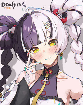 1girl ahoge aqua_nails bare_shoulders black_hair blush braid braided_twintails character_name china_dress chinese_clothes closed_mouth collarbone commentary_request copyright_name detached_sleeves dialyn_(zenless_zone_zero) double_bun dress earrings grey_background hair_bun hair_extensions hair_intakes head_tilt highres jewelry long_hair looking_at_viewer multicolored_hair multicolored_nails necktie opuricheri portrait red_nails ring_hair_extensions shadow simple_background smile solo sparkling_eyes split-color_hair white_dress white_hair yellow_eyes yellow_necktie zenless_zone_zero