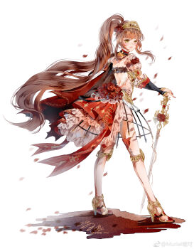 1girl absurdres backless_dress backless_outfit bare_back black_bridal_gauntlets black_cape bridal_gauntlets brown_hair cape chinese_commentary closed_mouth commentary_request dated determined dress falling_petals flower frilled_bridal_gauntlets frown full_body hair_flower hair_ornament high_heels high_ponytail highres holding holding_sword holding_weapon knee_pads knight light_blush lipstick long_hair looking_at_viewer looking_back makeup miniskirt miracle_nikki muriel_miaoke nail_polish nikki_(series) petals pink_lips pleated_skirt ponytail puffy_short_sleeves puffy_sleeves red_cape red_flower red_nails red_rose red_skirt rose rose_oath_(miracle_nikki) rose_petals shadow shoes short_dress short_sleeves showgirl_skirt sidelocks signature simple_background skirt solo standing stirrup_legwear sword thighhighs toeless_legwear torn_cape torn_clothes two-sided_cape two-sided_fabric very_long_hair visor_(armor) watermark wavy_hair weapon weibo_watermark white_background white_dress white_thighhighs yellow_eyes yellow_shoes