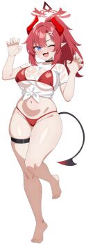 1girl :3 barefoot bikini bikini_under_clothes black_tail blue_archive blue_eyes blush breasts cameltoe claw_pose fang full_body hair_ornament hairclip halo high_ponytail horns large_breasts long_hair looking_at_viewer megu_(blue_archive) megu_(swimsuit)_(blue_archive) navel one_eye_closed open_mouth pointy_ears ponytail red_bikini red_hair red_halo red_horns shiguren_39 shirt short_sleeves simple_background skin_fang smile solo stomach swimsuit thigh_strap thighs tied_shirt white_background white_shirt