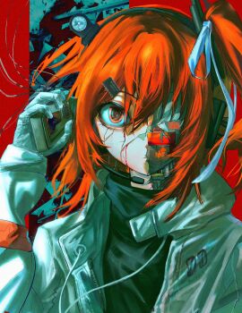 1girl a.i._voice absurdres adachi_rei android artificial_eye black_shirt bleeding blood blue_background cassette_player chinese_commentary closed_mouth commentary_request computer_chip cracked_skin floating_hair gloves hair_ornament hair_ribbon hairclip headlamp headset highres holding hood hood_down hooded_jacket jacket lens_eye long_sleeves looking_at_viewer mechabare mechanical_eye missing_eye netsu_ijou_(utau) one_side_up open_clothes open_jacket orange_eyes radio_antenna red_background red_pupils ribbon shirt solo straight-on turtleneck turtleneck_shirt two-tone_background upper_body utau white_gloves white_jacket white_ribbon yulantiankong986