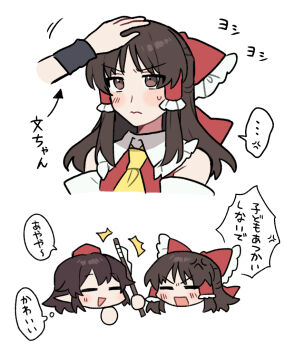 2girls anger_vein angry arrow_(symbol) ascot ayaya~ blush bow brown_hair closed_eyes closed_mouth commentary_request detached_sleeves frilled_bow frilled_hair_tubes frills gohei hair_bow hair_tubes hakurei_reimu hat head_only headpat holding holding_gohei long_hair multiple_girls open_mouth pointy_ears red_bow red_eyes red_hat sakic43899 shameimaru_aya smile speech_bubble spoken_anger_vein sweatdrop thought_bubble tokin_hat touhou translated