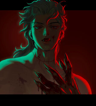 1boy backlighting black_border blonde_hair blood blood_on_face blood_splatter border claws commentary_request dio_brando earrings eyelashes fangs g-class_citizen highres jewelry jojo_no_kimyou_na_bouken letterboxed licking_lips looking_at_viewer male_focus medium_hair open_mouth outside_border portrait red_eyes red_theme sidelighting solo stardust_crusaders stitched_neck stitches tongue tongue_out topless_male vampire