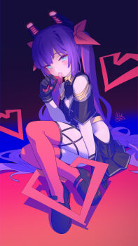 Rule 34 | 1girl, absurdres, bare shoulders, black gloves, black shirt, black skirt, blue eyes, blush, bow, cleavage cutout, clothing cutout, commentary request, food, full body, gloves, gradient background, hair bow, hand up, headgear, heart, highres, holding, holding food, linkai nuofu, long hair, looking at viewer, multicolored gloves, original, pinching gesture, pleated skirt, purple hair, red bow, red thighhighs, saliva, saliva trail, shirt, shoes, short sleeves, shoulder cutout, signature, simple background, sitting, skirt, solo, thighhighs, tongue, tongue out, twintails, two-tone gloves, very long hair, wulala (vtuber)