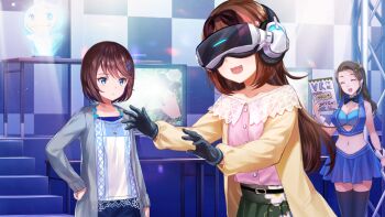 3girls :d black_bow black_bowtie black_gloves blue_eyes blue_shirt blue_shorts blue_skirt bow bowtie breasts brown_hair cardigan checkered_wall closed_mouth detached_collar game_cg gloves green_skirt grey_cardigan hair_bow hair_ornament hairclip hand_on_own_hip head-mounted_display headset indoors large_breasts light_particles looking_at_another multiple_girls navel nervous_smile non-web_source official_art open_cardigan open_clothes open_mouth otori_ai parallel_hairclips pink_shirt pleated_skirt shirt shorts siblings sisters skirt smile twins yanagiya_kokoro yellow_cardigan yumeutsutsu_re:master