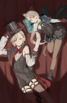 1boy 1girl animal_ears armpits black_leotard bow bowtie cat_ears cat_girl cat_tail cowboy_shot facial_mark genshin_impact green_bow green_bowtie green_ribbon hand_grab hat highres leotard looking_at_viewer lynette_(genshin_impact) lyney_(genshin_impact) purple_eyes red_bow red_bowtie red_ribbon ribbon siblings smile star_(symbol) star_facial_mark sym_(sym157a) tail tattoo teardrop_facial_mark teardrop_tattoo top_hat twins