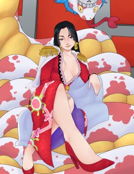 1girl black_hair boa_hancock commentary crossed_legs earrings epaulettes forked_tongue hashtag-only_commentary high_heels highres jewelry kuja_pirates_jolly_roger long_hair looking_at_viewer one_piece pastelstarbombs plunging_neckline salome_(one_piece) side_slit sidelocks sitting smile snake snake_earrings symbol-only_commentary tongue