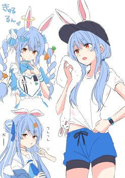 1girl absurdres animal_ear_fluff animal_ears apron baseball_cap black_hat black_shorts blue_hair blue_jacket blue_shorts bow braid carrot_hair_ornament commentary_request don-chan_(usada_pekora) dress ears_through_headwear food-themed_hair_ornament frilled_apron frills fur-trimmed_jacket fur_trim hair_between_eyes hair_bow hair_ornament hair_over_shoulder hairclip hat highres hololive jacket kiritoma low_twintails multicolored_hair multiple_views off_shoulder open_clothes open_jacket puffy_short_sleeves puffy_sleeves rabbit-shaped_pupils rabbit_ears red_eyes shirt short_eyebrows short_shorts short_sleeves shorts shorts_under_shorts simple_background symbol-shaped_pupils thick_eyebrows track_jacket translation_request twin_braids twintails two-tone_hair usada_pekora v-shaped_eyebrows virtual_youtuber wet wet_clothes wet_shirt white_apron white_background white_bow white_dress white_hair white_shirt x_hair_ornament