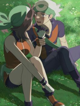 1boy 1girl bandana beanie bike_shorts blush brendan_(pokemon) brown_hair commentary_request fingerless_gloves gloves grabbing_another's_arm grass green_bandana hat highres looking_at_another may_(pokemon) nintendo open_mouth orange_shirt pokemon pokemon_emerald pokemon_ruby/sapphire/emerald sanno_(snn_3) shirt signature sitting sleeveless sleeveless_shirt