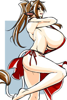 1girl animal_ears apron barefoot breasts brown_hair covered_erect_nipples cow_ears cow_girl cow_horns cow_tail ego_trigger female_focus from_side gigantic_breasts graph_(graphiteknight) highres horns legs looking_at_viewer mattie_(ego_trigger) naked_apron no_bra no_panties original ponytail red_apron revealing_clothes sideboob sideways_mouth simple_background solo strap_gap tail
