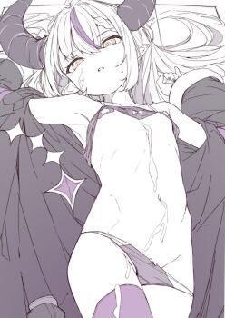 1girl bandaid bandaids_on_nipples bra bra_lift clothes_lift cum cum_on_body cum_on_legs demon_girl demon_horns facial flat_chest highres hololive horns jacket la+_darknesss loli long_hair looking_at_viewer multicolored_hair navel osanai_sanday parted_lips partially_colored pasties pointy_ears sidelocks solo spot_color stomach streaked_hair underwear yellow_eyes