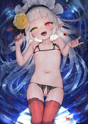 1girl absurdres beckoning black_nails blunt_bangs blush bra cleft_of_venus clothing_cutout collarbone commentary commission completely_nude crotch_cutout crotchless crotchless_panties cupless_bra fangs female_focus fingernails flat_chest floral_print flower glowing glowing_eyes groin hair_flower hair_ornament half-closed_eyes heterochromia highres izumi_kumi legs_together lingerie loli long_hair looking_at_viewer lying nail_polish navel nippleless_clothes nipples nude on_back open_mouth panties petals pointy_ears pussy red_eyes red_thighhighs side-tie_panties sidelocks skindentation slit_pupils solo teeth thigh_gap thighhighs thighs tongue tongue_out underwear upper_teeth_only uvula vampire very_long_hair water waymay wet white_hair yellow_eyes