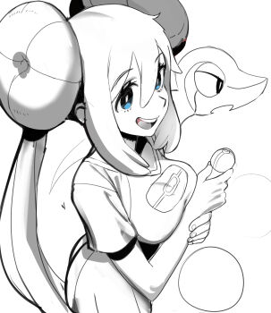 Rule 34 | 1girl, :d, absurdres, blue eyes, breasts, cleavage, commentary, cowboy shot, double bun, english commentary, gen 5 pokemon, greyscale, hair bun, highres, holding, holding poke ball, long hair, medium breasts, monochrome, nintendo, open mouth, poke ball, pokemon, pokemon bw2, raglan sleeves, rosa (pokemon), sho-n-d, short sleeves, shorts, simple background, smile, snivy, spot color, teeth, upper teeth only, white background