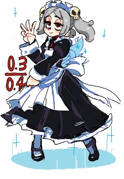 Rule 34 | 1girl, back bow, bikini, bloody marie (skullgirls), bow, brooch, dated, dress, fire, frilled bikini, frilled dress, frills, full body, grey hair, hair ornament, half-closed eyes, jewelry, maid headdress, mary janes, mercysstrap, red eyes, shoes, skull hair ornament, skullgirls, smile, solo, sparkle, standing, swimsuit, twintails, w, white background