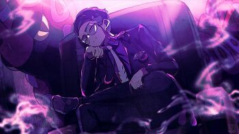 04_fujino9 1boy absurdres black_jacket black_pants chair collared_shirt colored_smoke commentary_request corbeau_(pokemon) crossed_legs eyewear_strap gen_5_pokemon glasses highres jacket looking_at_viewer necktie nintendo pants pokemon pokemon_(creature) pokemon_legends:_z-a round_eyewear scolipede shirt short_hair sideburns sitting smoke white_necktie