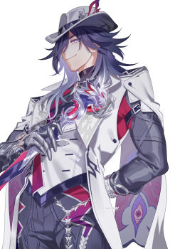 Rule 34 | 1boy, ashveil (honkai: star rail), black hair, bracelet, bright pupils, cane, chain, claws, commentary request, crescent, crescent pin, eye print, fedora, gradient hair, grey eyes, hat, hat ornament, highres, holding, holding cane, honkai: star rail, honkai (series), jacket, jewelry, lapel pin, long hair, male focus, multicolored hair, necklace, pants, smile, tattoo, tooth necklace, turtleneck, vest, waistcoat, white jacket, zzz 8091