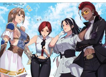 4girls ahoge armor bare_shoulders belt_buckle between_breasts black_gloves black_hair black_necktie black_pants black_suit blonde_hair blue_shirt blush braid breasts buckle cleavage crimson_viper crossed_arms dark-skinned_female dark_skin earrings elbow_pads formal_clothes gloves green_eyes hairband highres jewelry kagematsuri kazama_jun large_breasts long_hair mature_female midriff multiple_girls navel necktie necktie_between_breasts pant_suit pants pauldrons pompadour red_hair red_necktie safety_glasses see-through_clothes see-through_shirt shirt short_hair shoulder_armor sideboob single_braid single_pauldron skirt sleeveless sleeveless_shirt sophitia_alexandra soul_calibur soulcalibur soulcalibur_vi street_fighter street_fighter_iv_(series) suit sunglasses tekken tekken_8 the_king_of_fighters the_king_of_fighters_2000 tinted_eyewear trait_connection twitter_username vanessa_(kof) white_gloves white_hairband white_shirt white_skirt yellow-tinted_eyewear