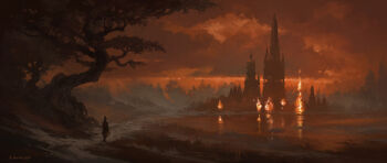 1boy absurdres andreas_rocha bag black_headwear black_scarf brown_bag brown_sky building burning burning_building city cityscape cloud cloudy_sky destruction facing_away fantasy fire glowing hat highres holding holding_bag lake landscape night original outdoors path reflection reflective_liquid road scarf scenery sky skyline smoke tailcoat top_hat tower tree victorian walking wide_shot