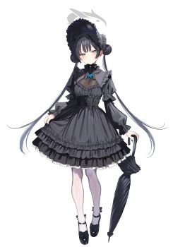 Rule 34 | 1girl, absurdres, alternate costume, black bonnet, black dress, black hair, black shoes, black umbrella, blue archive, blush, bonnet, breasts, cleavage, closed mouth, closed umbrella, dress, full body, grey eyes, grey halo, hair between eyes, halo, hidis0086, highres, kisaki (blue archive), lolita fashion, long hair, long sleeves, looking at viewer, medium breasts, pantyhose, shoes, simple background, solo, standing, twintails, umbrella, very long hair, white background, white pantyhose