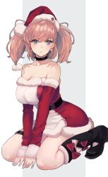 Rule 34 | 1girl, atlanta (kancolle), bare shoulders, black footwear, boots, breasts, brown hair, cleavage, closed mouth, commentary request, detached sleeves, dress, earrings, fur-trimmed dress, fur-trimmed headwear, fur-trimmed sleeves, fur trim, grey eyes, hat, highres, jewelry, kantai collection, kasumi (skchkko), knee boots, large breasts, long hair, looking to the side, official alternate costume, red dress, red hat, red sleeves, santa dress, santa hat, simple background, single earring, sitting, solo, star (symbol), star earrings, strapless, strapless dress, thigh strap, two-tone dress, two side up, wariza, white dress