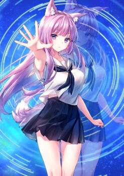 1girl absurdres aki_kakao animal_ears black_neckerchief black_skirt blue_background breasts commentary_request feet_out_of_frame fox_ears fox_girl fox_tail guild_cq highres large_breasts long_hair looking_at_viewer neckerchief open_hand outstretched_arm pleated_skirt purple_eyes purple_hair quon_tama sailor_collar shirt short_sleeves skirt solo tail virtual_youtuber white_sailor_collar white_shirt