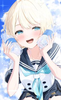 1girl absurdres black_sailor_collar black_skirt blonde_hair blue_eyes blue_neckerchief blush bottle bright_pupils cloud collarbone commentary_request highres holding holding_bottle hololive kazama_iroha neckerchief open_mouth pleated_skirt sailor_collar shirt skirt sky smile solo sweat virtual_youtuber visitofsiki white_pupils white_shirt