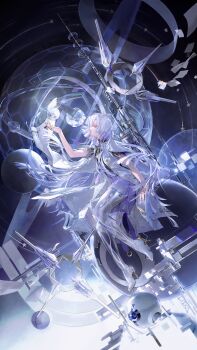 1girl absurdres chinese_commentary commentary_request dress from_side full_body grey_hair hand_up high_heels highres jacket long_hair mornye_(wuthering_waves) planet purple_dress qian_jiang_yue_de_li_ji red_eyes see-through_body solo tacet_mark_(wuthering_waves) white_jacket wide_shot wuthering_waves